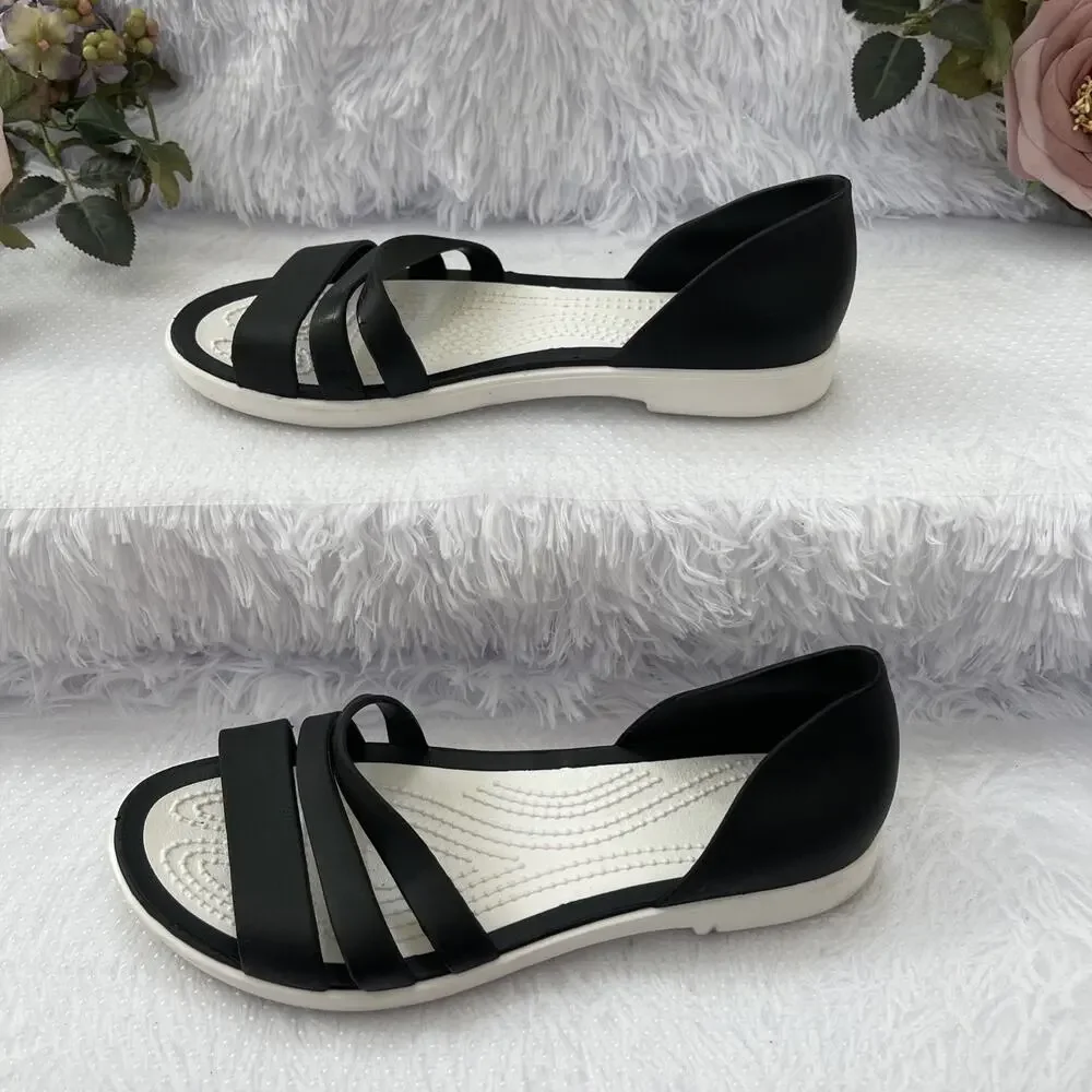Black White Strappy Flat Sandals Women Size 38 Comfort Lightweight Casual Shoes
